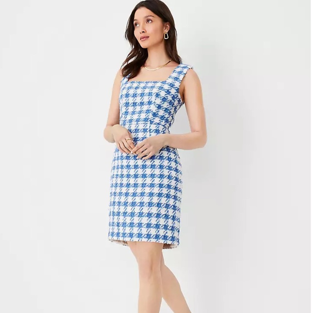 Blue and white Tweed Square Neck Shift mini Dress